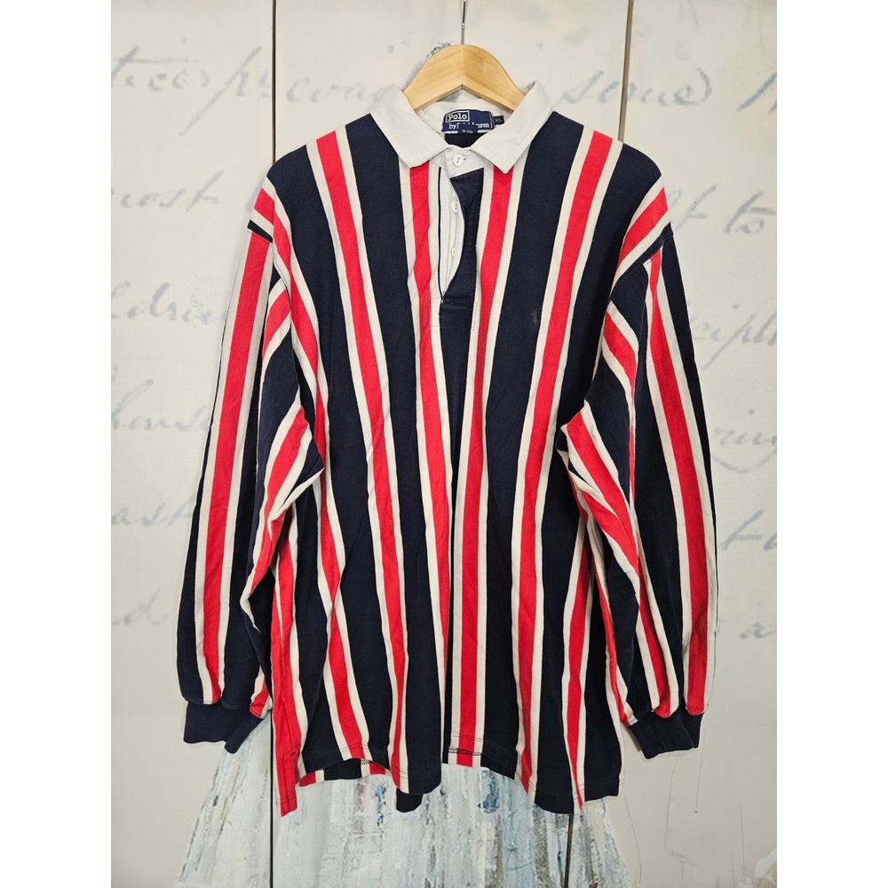 Polo Ralph Lauren Rugby Shirt XL Navy Red‎ White Vertical Stripe Vintage Style